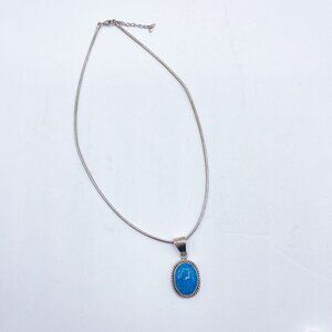 Sterling Silver Oval Blue Gemstone Pendant Necklace 15"